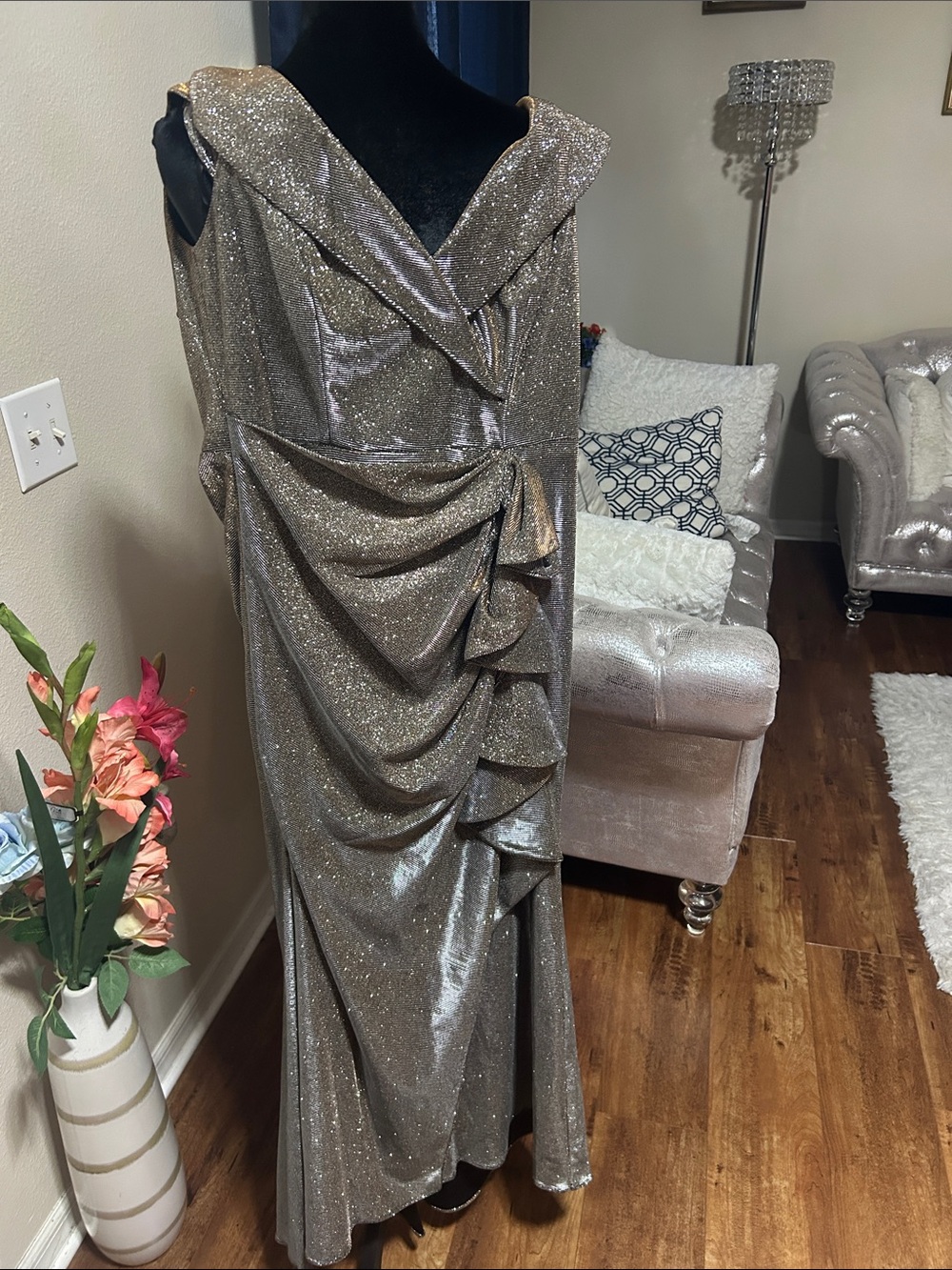Xscape Platinum-Silver Glitter Draped Maxi Gown